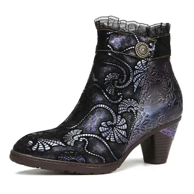 (black, 36) Johnature Winter Print Shoes Women Boots Genuine Leather Zip Round Toe Ethnic Sewing