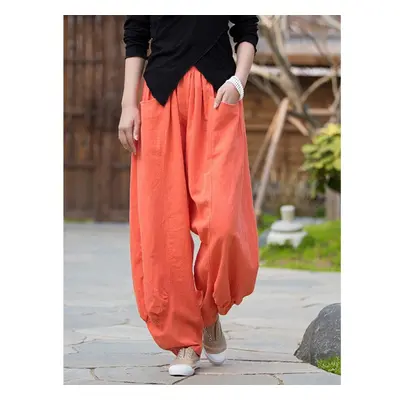 (orange, L) Johnature Women Casual Linen Wide Leg Pants Elastic Waist Solid Color Trouser Spring