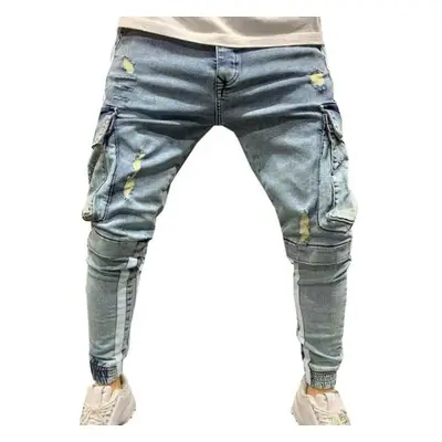 (light blue, L) Mens Ripped Destroyed Jeans Male Frayed Denim Pants Big Pocket Skinny Leg Slim F