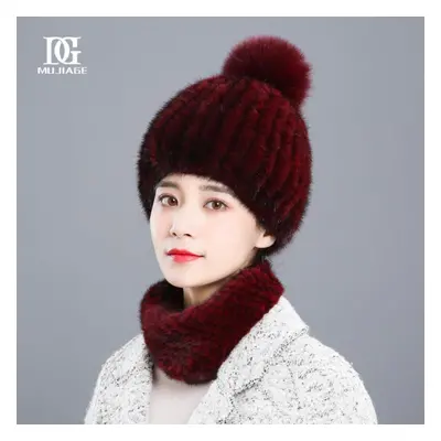 (burgundy, Hat only (55-59cm)) Hat Women&apos;s Winter New Korean Version Mink Hair Weaving Thic