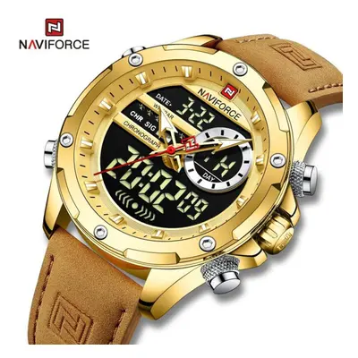 (Gold, 260mm) Naviforce NF9208 Dual Display Quartz Analog LCD Digital Men&apos;s Watch Leather S