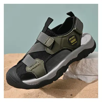 (green, 41) Men&apos;s Genuine Leather Sandals Plus Size Beach Sandals Casual Shoes