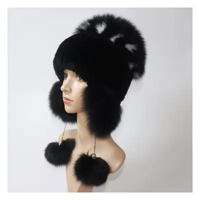 (black, Elasticity 52cm-60cm) Elastic Knitted Rex Rabbit Fur Bomber Hat Handmade Real Fur Hats W