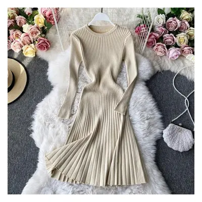 (beige, One Size) Vintage Women&apos;s Dress Solid Color O-neck Long Sleeve Knit Dresses Female 