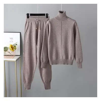 (coffee, One Size) Winter Women&apos;s Sweater Set Casual Fashion High Neck Solid Color Sweater 