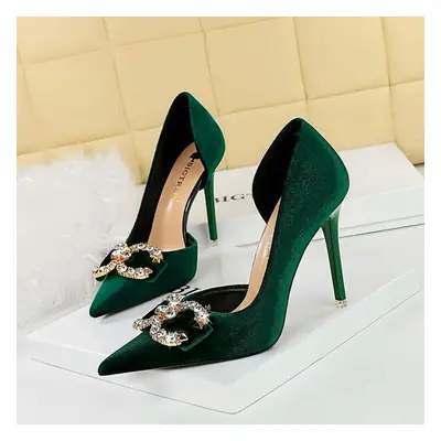 (green, 43) Banquet High Heels Thin Heels Shallow Mouth Pointed Side Hollowed Out Thickened Sued