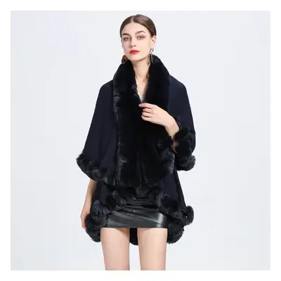 (navy blue, One Size) Winter Women&apos;s Cape Shawl Fur Collar Large Size Knitted Cardigan Loos