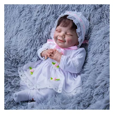 (white, inch) New Design Smiling Reborn Baby Dolls Cm Lifelike Cloth Body Fiber Hair Bonecas Reb