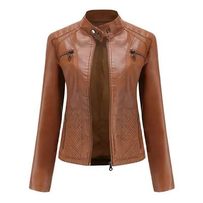 (camel, XL) Ladies Autumn Winter Stand Collar Long Sleeve Slim Leather Pu Jacket S-3xl