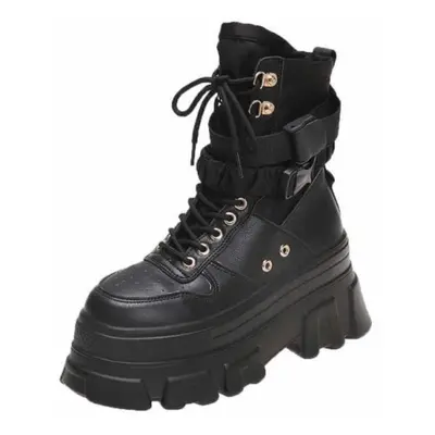 (black, 35) Women&apos;s Height-increasing Thick-soled Boots Wedge Heel Lace-up Decorative Women