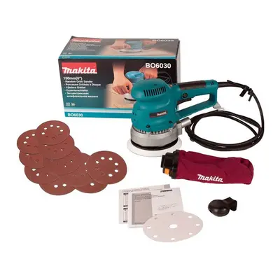 Makita BO6030 240v Corded Random Orbital Sander 150mm 6" + Dust Bag + Sheets