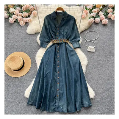 (blue, XXL) French Retro Niche Design Waist Thin Short-sleeved Dress Autumn Women&apos;s High-en