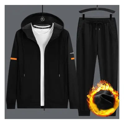 (black, 2XL) Men&apos;s Hooded Cardigan Coat Winter Padded Sweatpants Set Casual Plus Size Sport