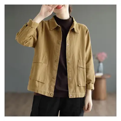 (khaki, XXL) Women Casual Short Jackets Autumn Vintage Style Solid Color All-match Loose Female 