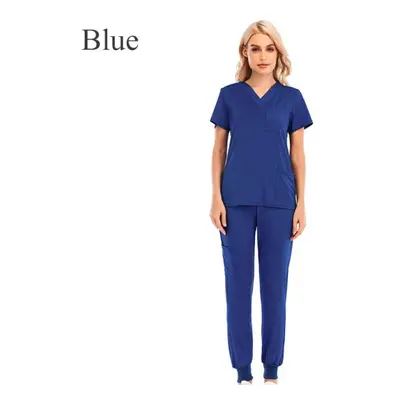 (blue, 2XL) Women Solid Color Short Sleeve With Pocket Set V-neck Quick Dry Nursing Working Unif