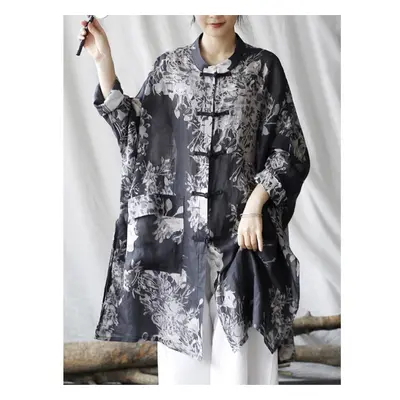 (black, One Size) Johnature Women Vintage Print Floral Shirts Tops Autumn Bat Sleeve Loose Blous