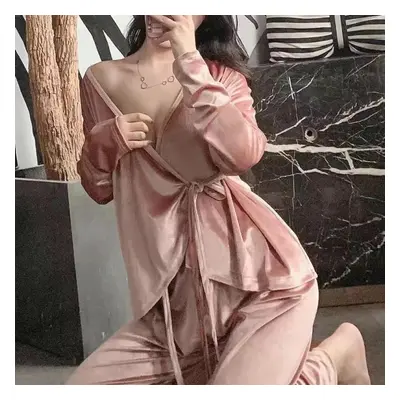 (pink, L) Women&apos;s Sexy Gold Velvet Pajamas Set V-neck Japanese Kimono Homewear Spring Long-