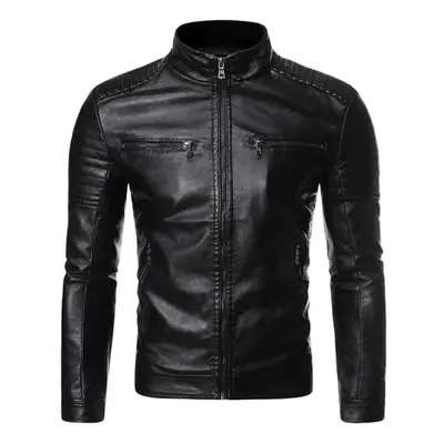 (black, M) Men&apos;s Washed Pu Leather Jacket Men&apos;s Stand Collar Men&apos;s Motorcycle Lea