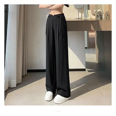 (black, M) Loose And Relaxed Summer Wide-legged Pants With Design And Platter Button