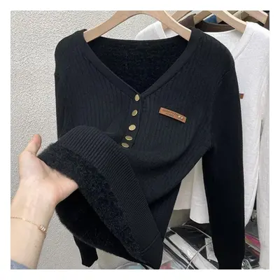 (black, M) Plush Thickened Sweater Knit Bottom Blouse For Women With A Slim V-neck Top In Autumn