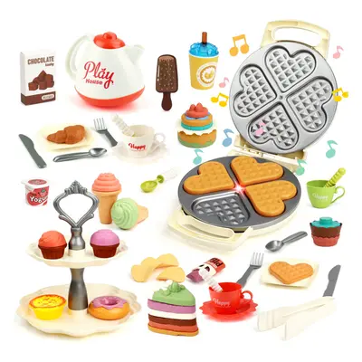 Pretend Tea Food Play Set Party Set with Pretend Waffle Maker Toy Including Dessert Accessories 