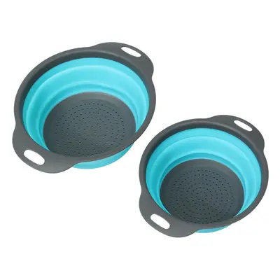 (Blue) 2Pcs Set Collapsible Foldable Silicone Drain Colander Fruit Vegetable Strainer Basket