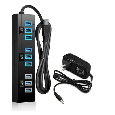 9 Port USB3.0 Data Hub + Smart Charging Port with On/Off Switches Power Adapter 5V/4A Small USB 