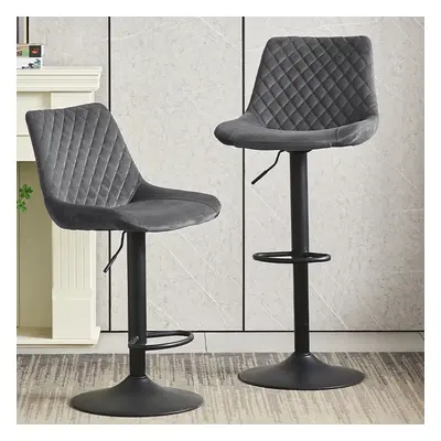 (Grey) 2pcs Velvet Bar Stools Swivel Gas Lift Rest Chair