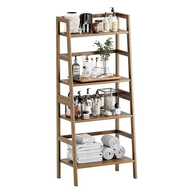 (Walnut) 4-Tier Leaning Bookshelf, Bamboo Open Display Storage Rack Shelves