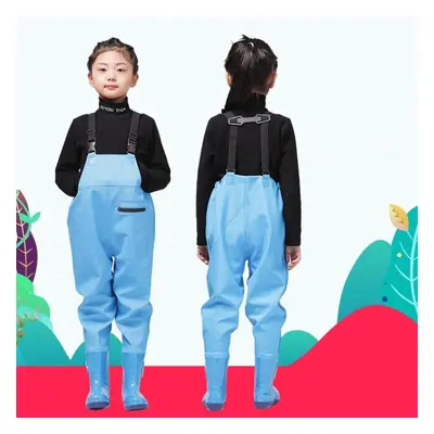 (blue, 24) Kids Outdoor Activities Fishing Bras With Boots Boys Girls Pvc Rain Pants Waterproof 