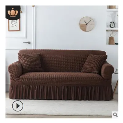 (coffee, Double 145-185cm) Ruffled Seersucker Sofa Cover For Living Room Thick Elastic Solid Str