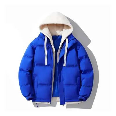 (blue, XXXXL) Winter New Thickened Fake Two Piece Hooded Cotton Jacket Casual Cotton Cardigan Co