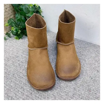 (khaki, 37) Johnature Vintage Handmade Genuine Leather Short Boots Solid Color Soft Cowhide Vers