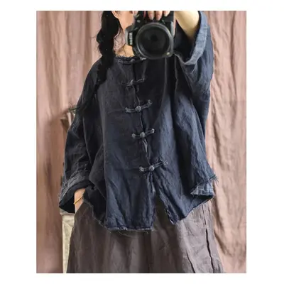 (navy blue, One Size) Johnature Women Vintage Linen Solid Color Jackets Button Chinese Style Wom