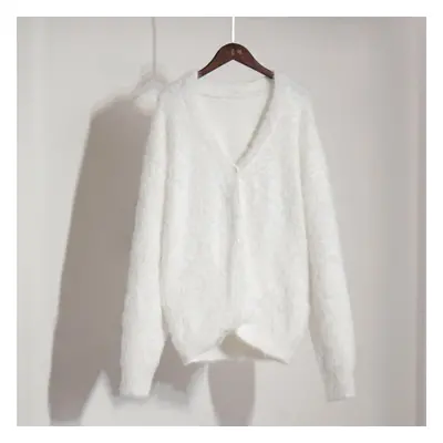 (white, S) Women Autumn Winter Causal Solid V Neck Long Sleeve Knit Sweater