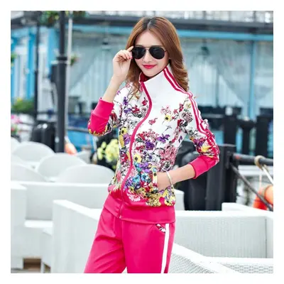 (pink, XXXXXXL) Women Sportswear Casual Jogger Running Workout Set Flower Print Jacket Sweatshir