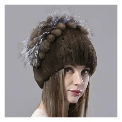 (brown, One Size) Winter Hats Women Rabbit Fur Rex Beanies Floral Elastic Fluffy Female Stylish 