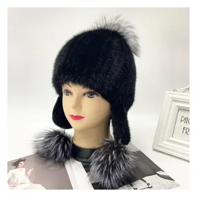 (black, head size 55-59cm) Pompom Winter Hat With Earflap Luxury Knitted Mink Fur Trapper Hat Ou