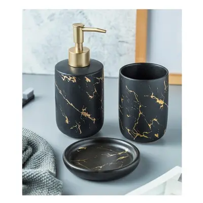 (black, 3pcs) Scandinavian Bathroom Accessories Set Marble Toothbrush Cup With Two Rinse Cups So