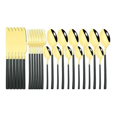 (black,gold) 24pcs Black Gold Cutlery Set Stainless Steel Dinnerware Knives Fork Spoon Dinner Ta