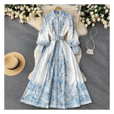 (blue, XL) Court Style Retro Printing Temperament Polo Collar Shirt Dress New High-grade French 