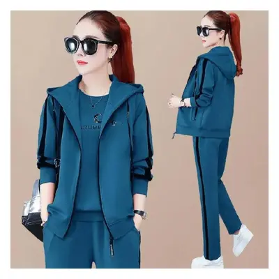 (blue, XXL) Sportswear Fashion Casual Sweater Three-piece Cardigan Middle-aged And Elderly Women