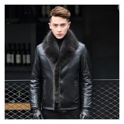 (black, L) Genuine Leather Jacket Men&apos;s Raccoon Fur Collar Fur All-in-one Men&apos;s Thicke