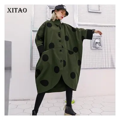 (green, One Size) Xitao Irregular Plus Size Trench Women Polka Dot Single Breast Pocket Elegant 