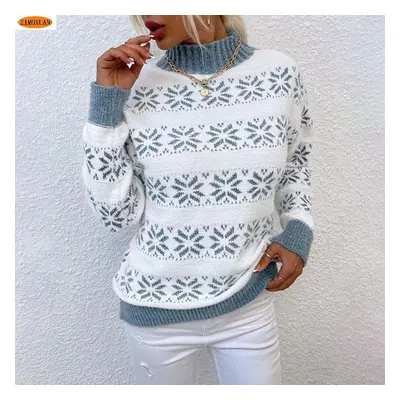 (blue, M) Zimoxuan New Winter Knit Sweater For Women Half Turtleneck Christmas Snowflake Pullove