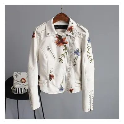 (beige, L) Women Floral Print Embroidery Faux Leather Jacket Coat Motorcycle Black Punk Outerwea