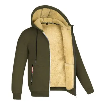 (army green, M) Lamb Velvet Autumn And Winter Sweater Men&apos;s Hooded Solid Color Jacket Plus 