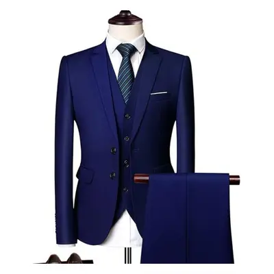 (blue, Asian 58-65KG) (jacket + Vest + Pants) Men&apos;s Suit Three-piece Suit, New Solid Color 