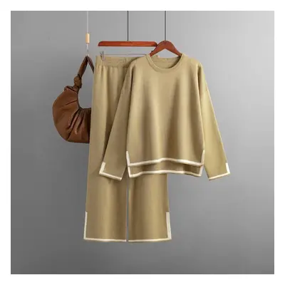 (khaki, OneSize) Autumn Winter Contrast Color Open Fork Full Sleeve Knit Suit High Waist Wide Le