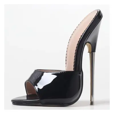 (black, 46) New Summer 18cm Super High Heel Slippers Sexy Peep Toe Metal Heels Women Sandals Sho